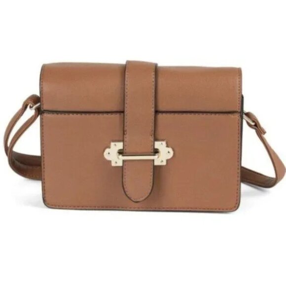 Tan Brown Vegan Leather Crossbody Satchel with Clasp - Picture 1 of 3